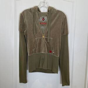 Vintage Y2K Twisted Heart Hoodie Jacket Dusty Olive Green Velvet Fitted Sleeve S